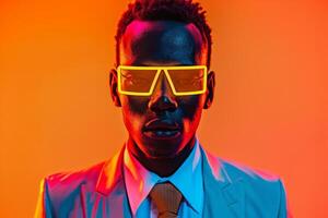 Male Model in Tailored Suit with Neon Yellow Ski Mask and Neon Orange Background Trendy and Stylish photo