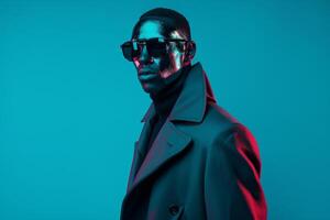 Trendy Overcoat by Male Fashion Model with Fashion Face Mask and Neon Aqua Background Chic Style photo