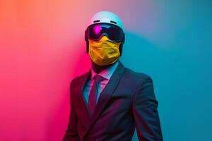 Trendy Fashion Model in Casual Suit with Neon Yellow Ski Mask and Neon Coral Stylish Lifestyle portrait with Modern Background photo