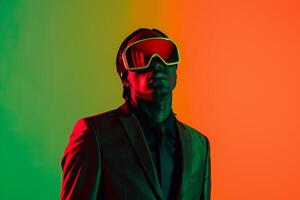 elegant Male Fashion Model in Tailored Suit with Neon Red Ski Mask and Neon Green Chic Lifestyle portrait with a Fashionable Modern Background photo