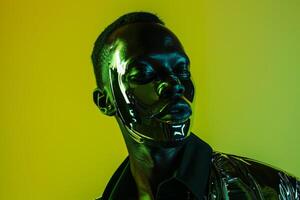 Male Fashion Model in Casual Jacket with Fashionable Face Mask and Neon Green Background Trendy portrait Showcasing Modern Fashion and Bold Color Choices photo