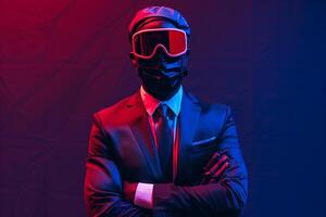 Trendsetting Male Model in Classic Suit with Neon Red Ski Mask and Neon Blue Background Stylish portrait Highlighting Bold Fashion Choices photo