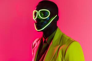 Trendsetting Male Model in Casual Blazer with Neon Green Sneaker Mask and Neon Coral Background Modern Lifestyle portrait Featuring Bold Fashion StateMalets photo