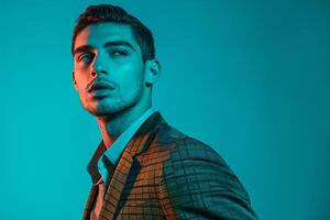 High end Fashion portrait of Handsome Male Model in Timeless Blazer Neon Aqua Background Sophisticated Lifestyle Image photo