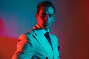 Captivating high end fashion portrait featuring a dapper male model in a vintage suit set against a neon aqua background merging classic sophistication with bold neon tones photo