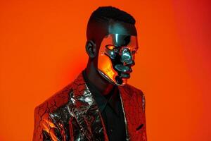 Fashion forward male model in a casual blazer with a face mask and neon orange background showcasing a mix of modern elegance and vibrant neon hues for a standout look photo