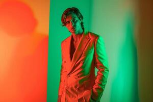 Chic fashion portrait of a male model in a suit with a neon green background merging traditional elegance with bold neon colors for a contemporary and stylish appearance photo