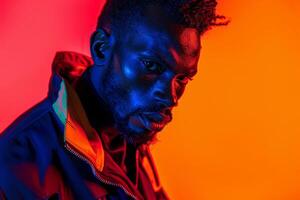 Trendy Fashion Model in Jacket with Neon Coral portrait Background Featuring a Fashionable and Modern Look with a Vibrant Color palette photo