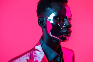 High end Fashion Model in Trendy Suit with Fashionable Face Mask and Neon pink portrait Background perfect for a Stylish and Modern Appearance photo