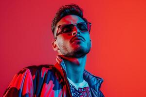 Fashionable Male Model in Trendy Jacket with Neon Red Background Combining Modern Style with Vibrant Colors photo