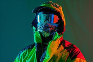 Fashionable Male Model in Casual Jacket with Males Fashion Face Mask and Neon Green Background Combining Modern Style with Bold Colors photo