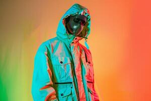 Fashionable Male Model in Trendy Jacket with Males Fashion Face Mask and Neon Green Background Featuring a Modern and Vibrant Lifestyle Look photo