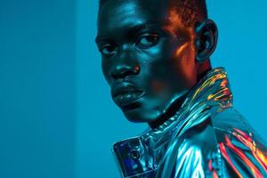 Metallic Jacket Look for Male with a Neon Blue Lifestyle portrait and Trendy Background photo