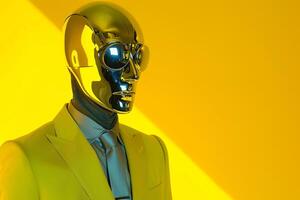 Chic Casual Suit for Male with Face Mask Neon Yellow Background Ideal for Stylish portraits and Contemporary Fashion StateMalets photo
