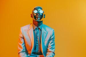 Male Fashion in elegant Casual Suit with Face Mask Neon Yellow portrait Background Ideal for professional and Trendy Wardrobe Choices photo