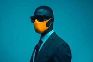 portrait of a Male Fashion Model in Tailored Suit with Neon Yellow Ski Mask and Neon Teal Lifestyle Background photo