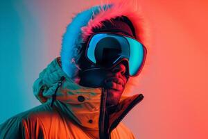 Trendy Jacket highlighted by a Neon Aqua Ski Mask and a Neon Coral Lifestyle portrait Background offering a modern and stylish appearance photo