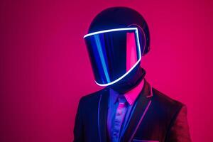 Tailored Suit with a Neon Aqua Ski Mask and a Neon pink Lifestyle portrait Background merging sophisticated design with vibrant color photo