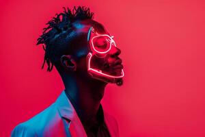 Males Trendy Blazer highlighted by a Neon Red Sneaker Mask and a Neon pink Lifestyle portrait Background creating a stylish and vibrant look photo