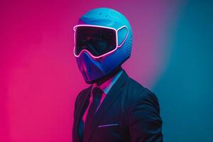 Tailored Suit featuring a Neon Aqua Ski Mask and a Neon pink Lifestyle portrait Background merging contemporary design with vibrant color photo