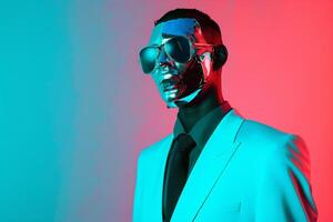 Casual Suit with a stylish Face Mask and a Neon Teal Lifestyle portrait Background merging classic design with contemporary color photo