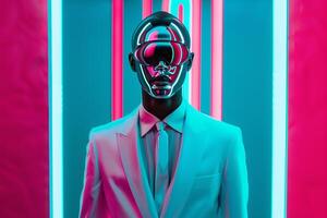 Casual Suit highlighted by a stylish Face Mask and a Neon Teal Lifestyle portrait Background creating a fashionable and modern appearance photo