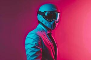Tailored Suit with Neon Aqua Ski Mask and Neon pink Lifestyle in this Male Fashion portrait Modern and stylish with an eye catching Neon pink background photo