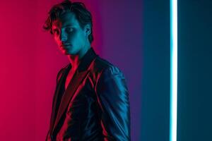 Casual Suit with Neon Aqua Lifestyle Male Fashion portrait with a vibrant Neon Aqua background compleMaleting the relaxed outfit Stylish and fresh photo
