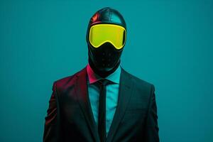 Tailored Suit with Neon Yellow Ski Mask and Neon Teal Lifestyle Fashionable Male portrait with a dynamic Neon Teal background enhancing the suits style photo