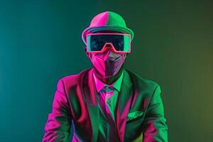 Tailored Suit with Neon pink Ski Mask and Neon Green Lifestyle Fashionable Male Fashion portrait with a dynamic Neon Green background for a modern touch photo