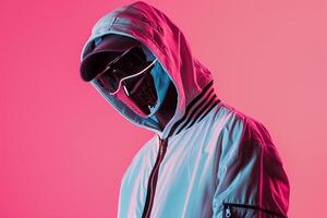 Sophisticated Male Fashion in Trendy Jacket with Fashionable Face Mask and Neon pink Lifestyle Background elegant and Modern portrait with Bold Design photo
