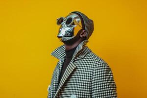 Chic Male portrait in Trendy Overcoat with Fashionable Face Mask and Neon Yellow Lifestyle Background Modern and elegant Look with Bold Design eleMalets photo