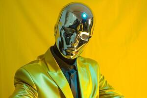 Handsome Fashion Model in Casual Blazer with Neon Yellow Face Mask Males Fashion portrait Featuring a Stylish and Vibrant Background photo