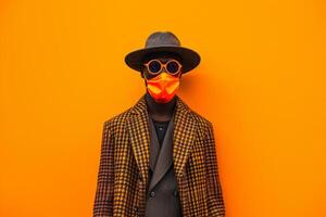 Trendy Fashion Model in Casual Overcoat with Neon Orange Sneaker Mask and Neon Yellow Accents Males Fashion portrait with a Colorful Background photo