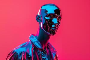 Handsome Fashion Model in Casual Jacket with Neon pink Face Mask Males Fashion portrait Featuring a Stylish and Colorful Background photo