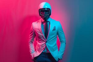 Stylish Fashion Model in a Classic Suit with Neon Teal Ski Mask and pink background providing a sophisticated Males fashion portrait with a chic lifestyle setting photo