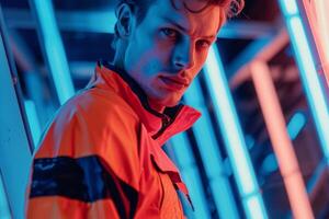 Trendy Fashion Model in a Tracksuit with Neon Aqua showcasing a chic Males fashion portrait with a lively lifestyle backdrop and contemporary style photo