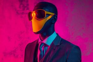 Stylish Fashion Model in a Classic Suit with Neon Yellow Ski Mask and pink background delivering a refined Males fashion portrait with a dynamic lifestyle setting photo