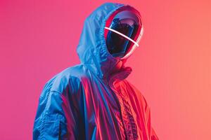 Fashion Model in a Casual Jacket with a Males Fashion Face Mask and Neon Coral background providing a modern Males fashion portrait with a dynamic lifestyle setting photo