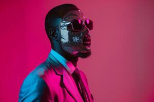Fashion Model in Suit with Males Fashion Mask and Neon pink Background offering a trendy Males fashion portrait with a vibrant lifestyle feel photo