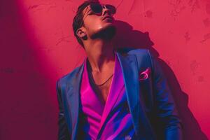 Fashion Model in Casual Blazer with Neon pink Background providing a modern Males fashion portrait with a chic lifestyle twist photo