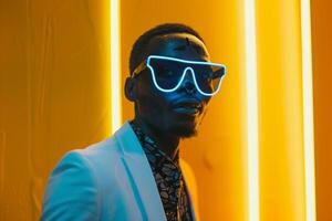 Trendy Blazer with Neon Black Sneaker Mask and Neon Yellow Background on Male Fashion Model showcasing a chic Males fashion portrait with a vibrant lifestyle setting photo