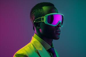 Trendy Jacket with Neon Aqua Ski Mask and Neon Coral Background on Male Fashion Model delivering a sophisticated Males fashion portrait with a vibrant lifestyle twist photo