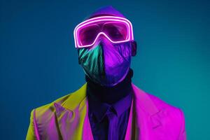 Trendy Jacket with Neon Aqua Ski Mask and Neon Coral Background on Male Fashion Model showcasing a chic Males fashion portrait with a dynamic lifestyle ambiance photo