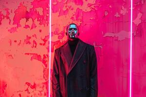 Trendy Overcoat with Neon Coral Face Mask and Neon Coral Background on Male Fashion Model showcasing a stylish Males fashion portrait with a lively lifestyle feel photo