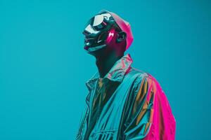 Trendy Jacket with Neon Teal Background on Male Fashion Model Contemporary portrait with a Vibrant and Dynamic Lifestyle Ambiance photo