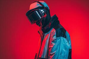 Trendy Jacket with Neon Coral Background on Male Fashion Model with Face Mask Vibrant Males Fashion portrait with a Dynamic Lifestyle photo