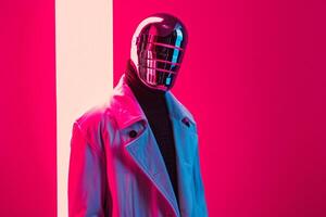 Casual Overcoat with Fashion Face Mask and Neon pink Background Male Fashion Model in Males Lifestyle portrait featuring Trendy Vibes photo