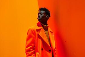 Bright Overcoat with Neon Orange Background Male Fashion Model Showcasing Modern Style and Vibrant Trends in a Dynamic Males Lifestyle portrait photo