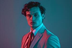 Formal Suit with Neon Aqua Background Male Fashion Model Featuring elegant Design and Timeless Fashion in a Sophisticated Males Lifestyle portrait photo